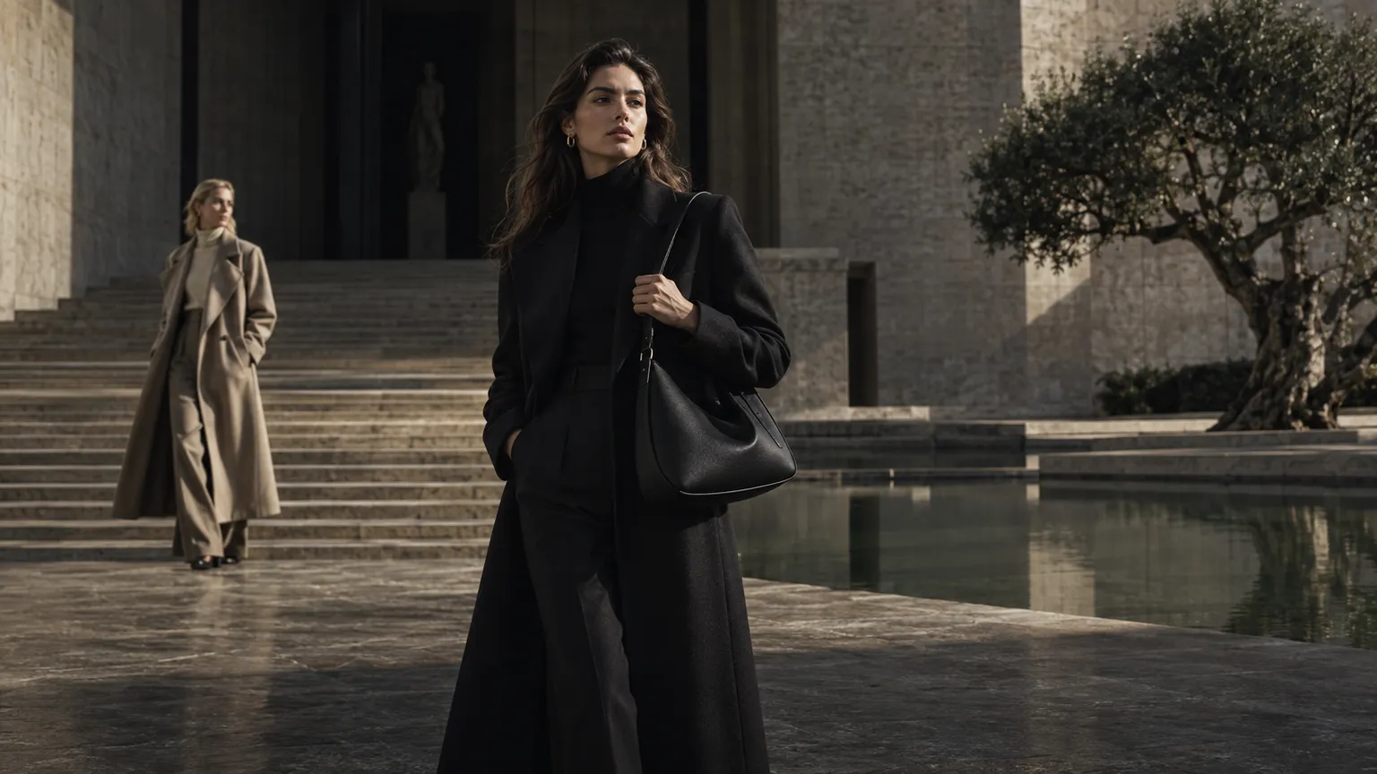 Original fashion concept: a black shoulder bag carried through a monumental stone courtyard