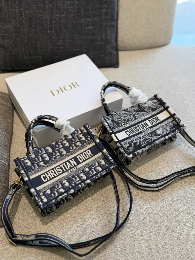 Dior Embroidered Monogram Tote Bag in Leather — 21.5 × 13 × 7.5 cm — source photograph 1 of 3