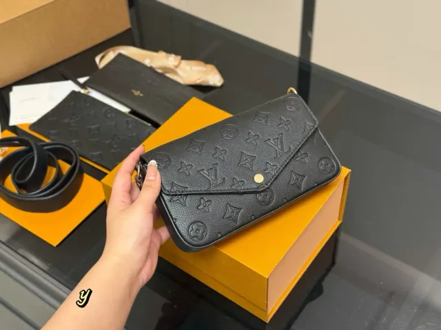 Louis Vuitton Three-Piece Wallet on Chain, black embossed — flap bag and components
