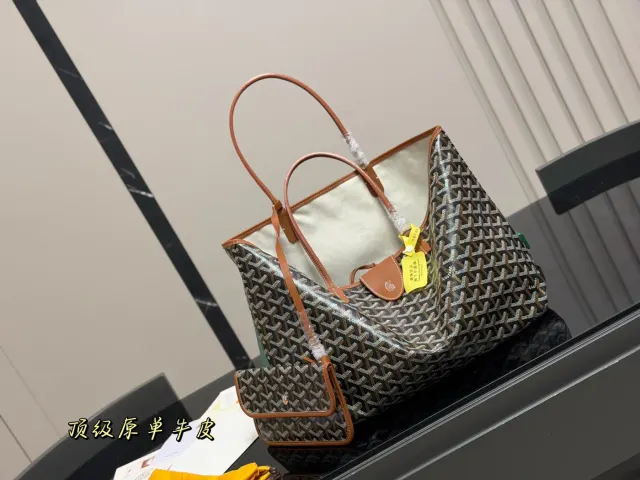 Goyard Chevron Shopping Tote, black and tan — full tote