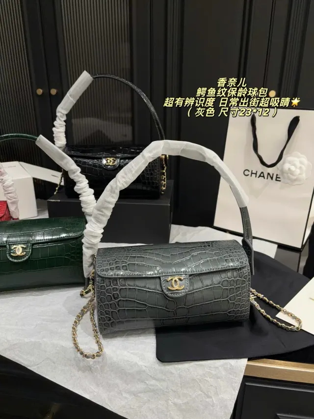 Chanel Croc-Embossed Bowling Bag, grey — grey bag in foreground