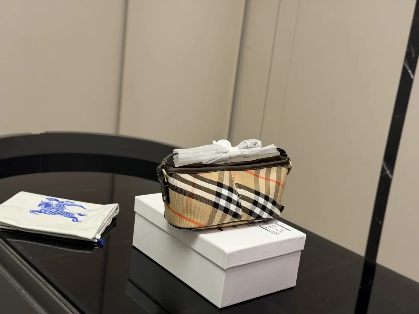 Burberry Check Baguette Shoulder Bag, beige — full check baguette
