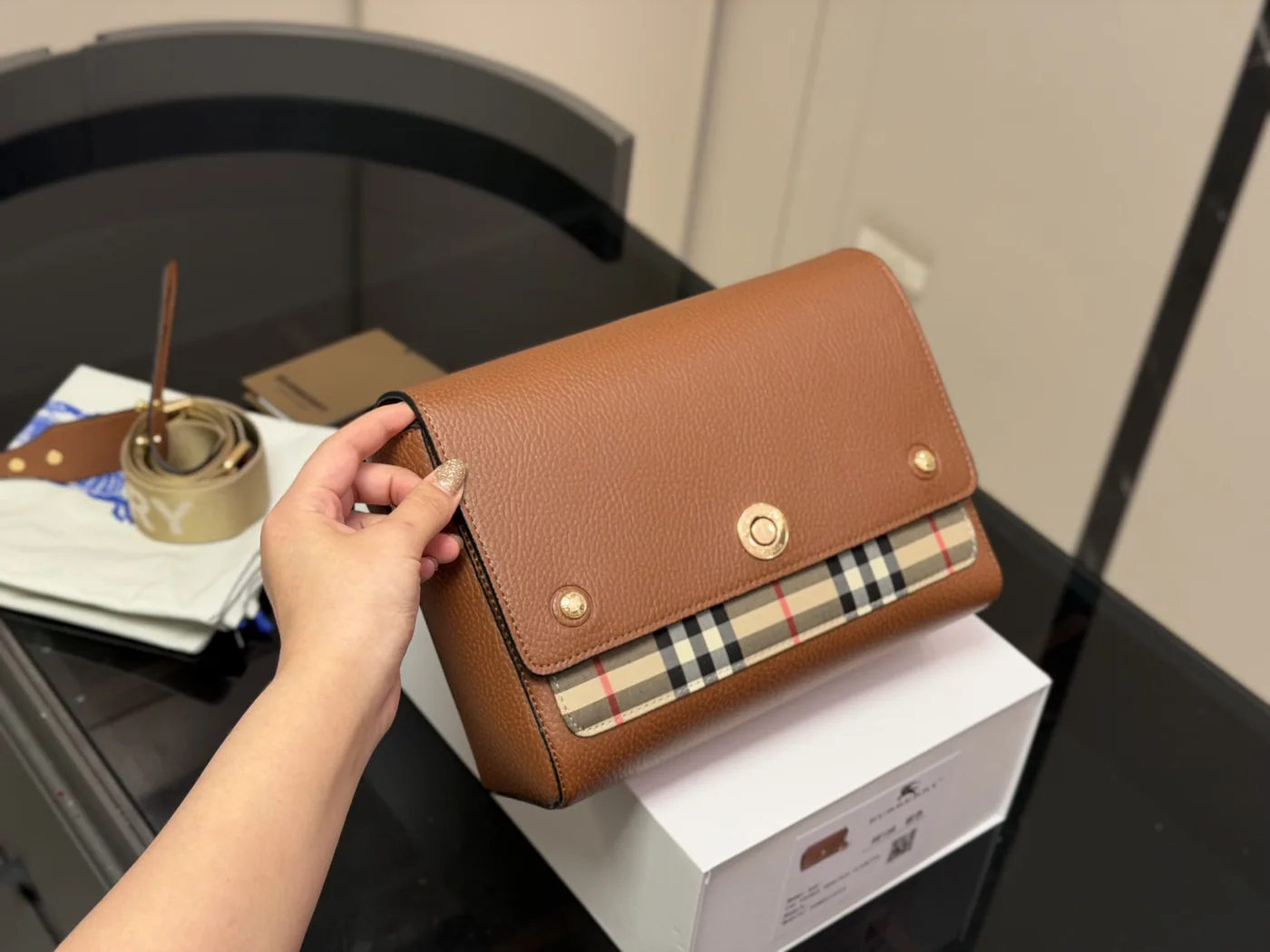 Burberry Check-Panel Messenger Bag, tan — closed flap