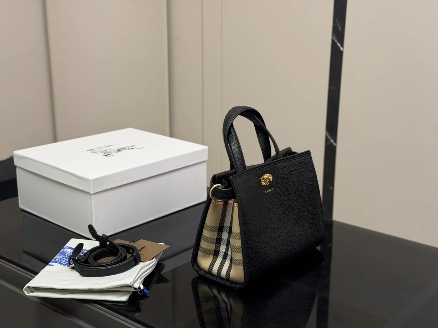 Burberry Cotswolds Top-Handle Tote, black — tote and separate strap