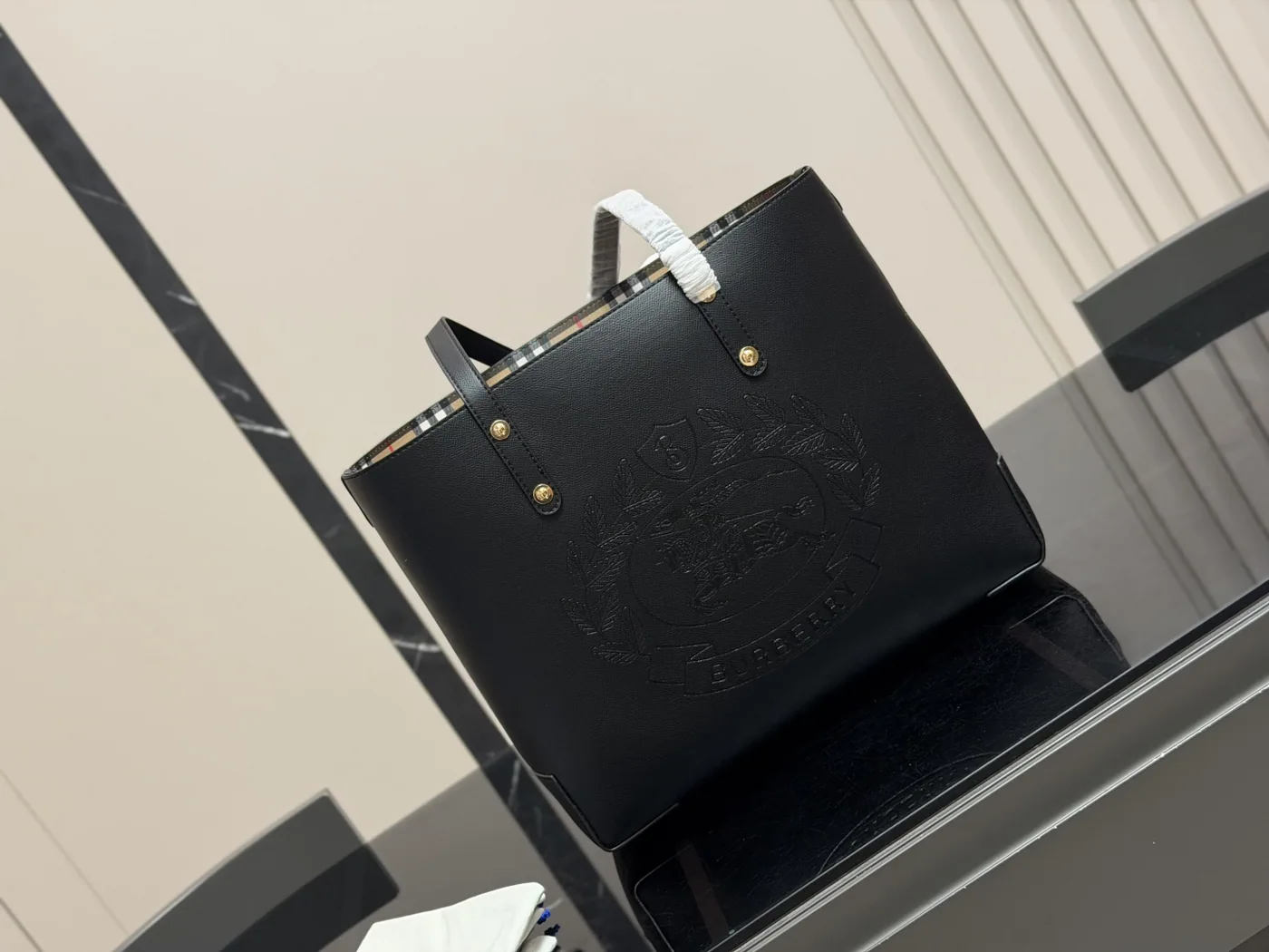Burberry Crest Shopping Tote, black — full black tote