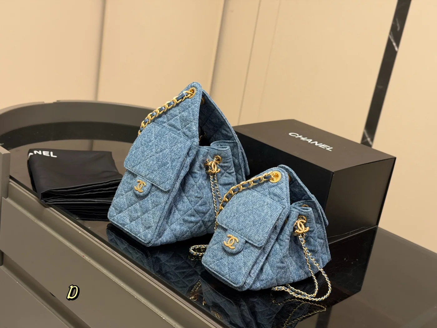 Chanel 25 Denim Hobo Bag, blue — size comparison