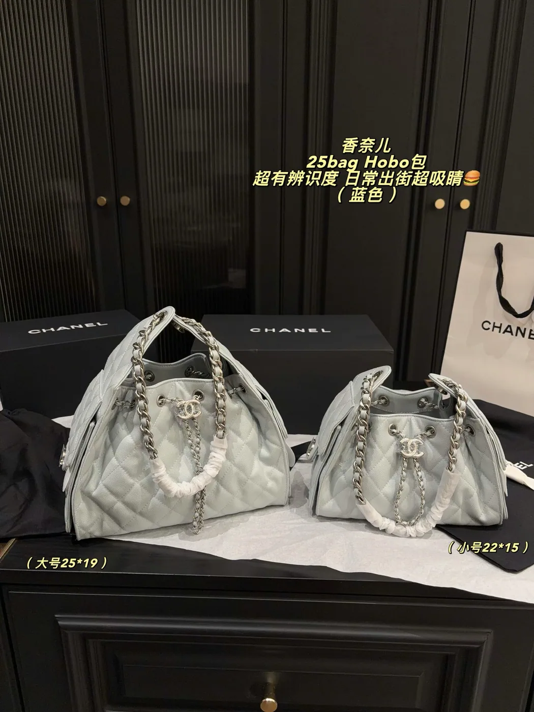 Chanel 25 Quilted Hobo Bag, light grey — size comparison