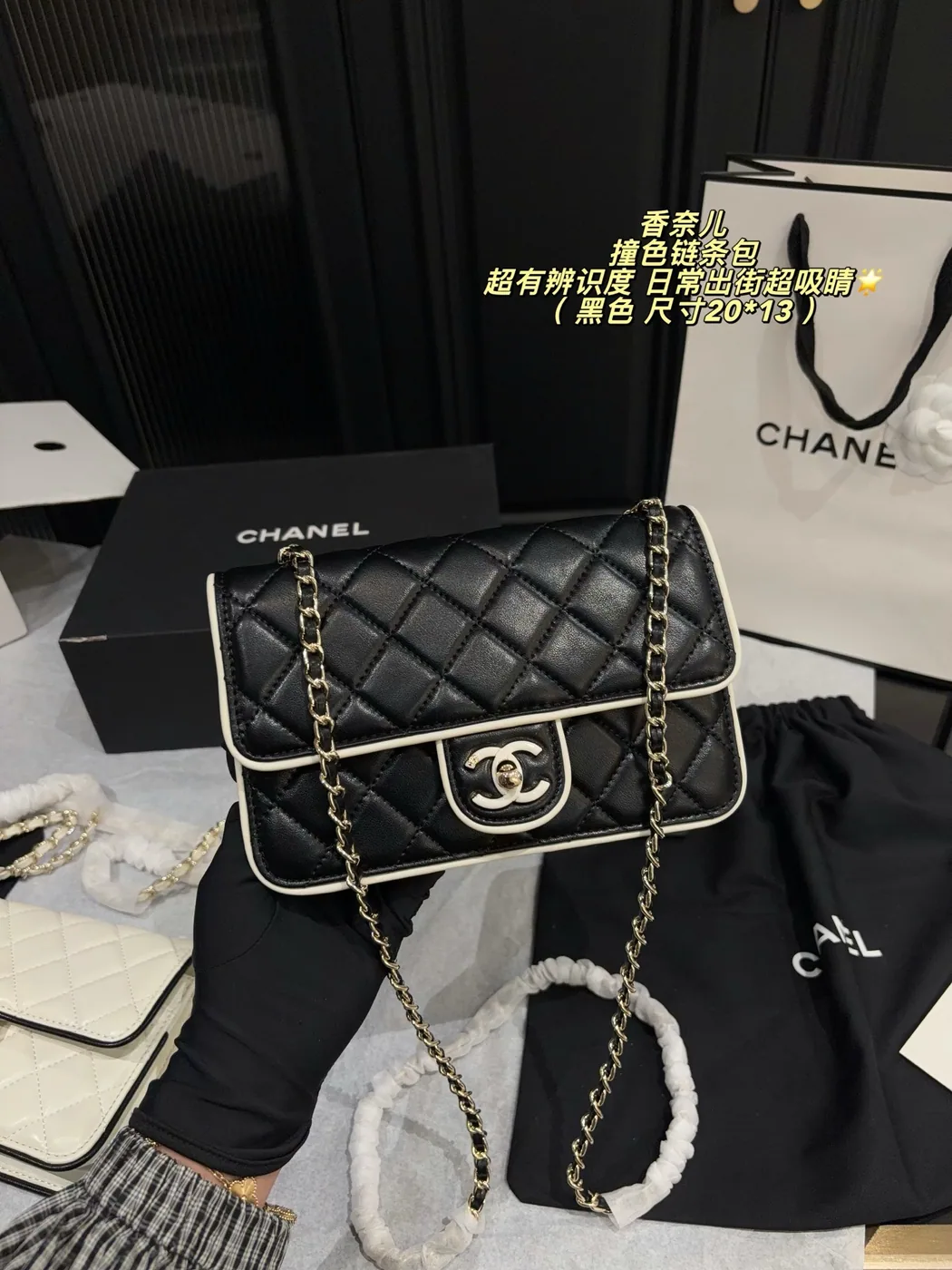 Chanel Contrast-Piping Flap Bag, black and ivory — full flap bag