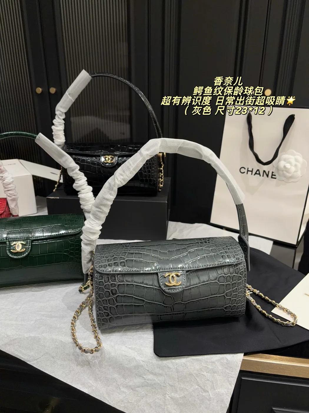 Chanel Croc-Embossed Bowling Bag, grey — grey bag in foreground