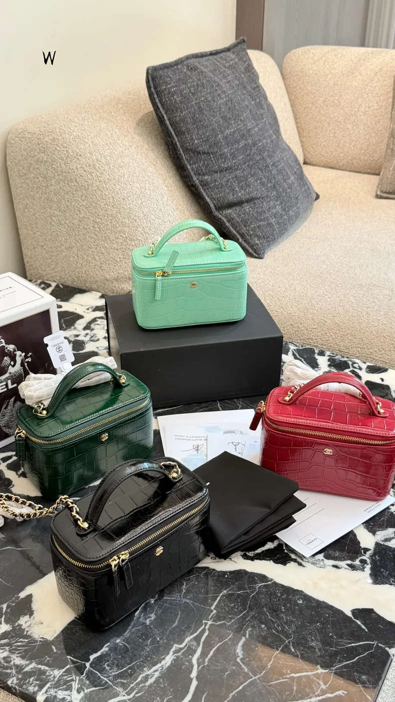Chanel Croc-Embossed Vanity Bag, black, green, red and mint options — four colour options
