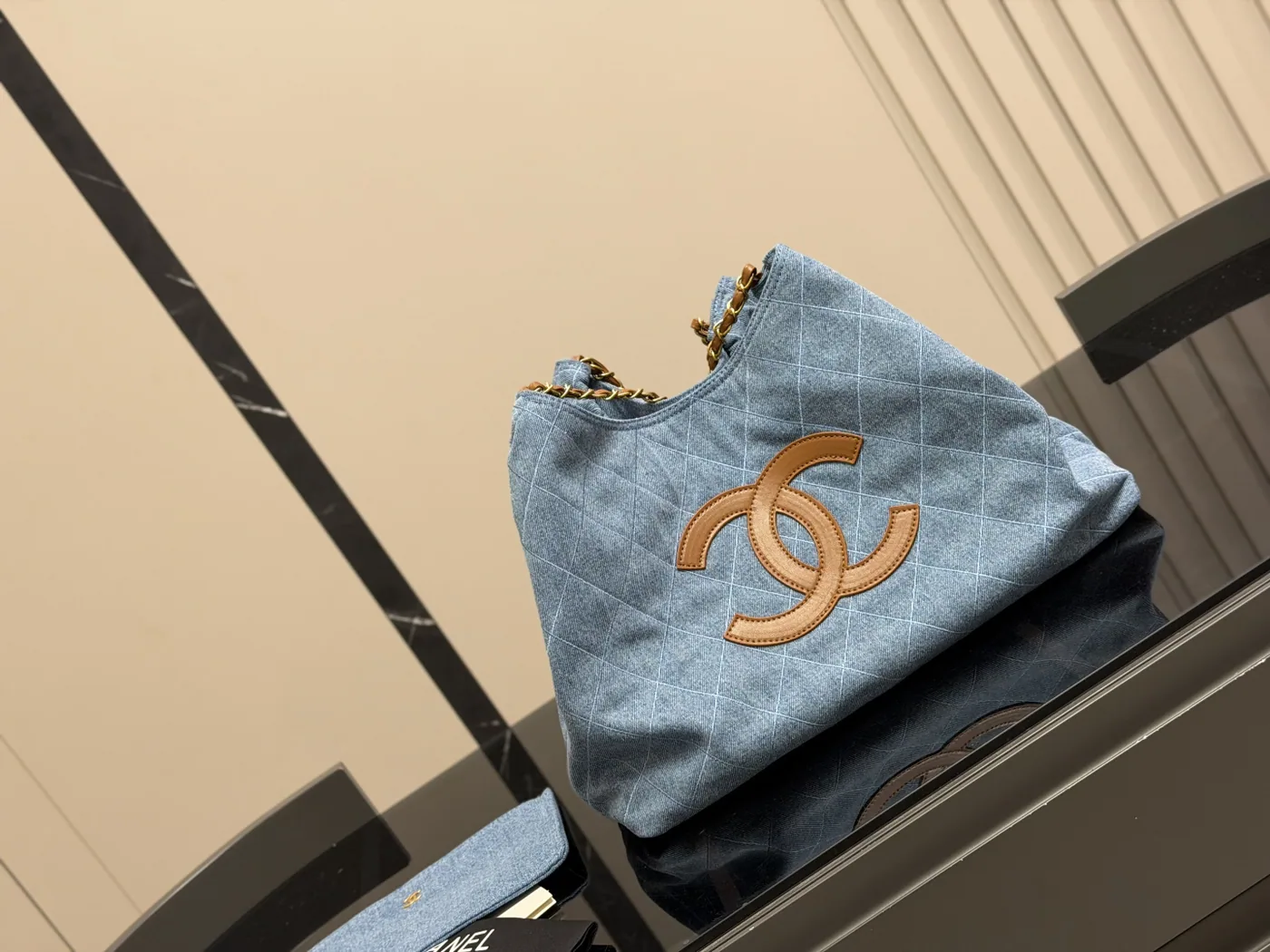 Chanel Denim CC Shopping Tote, blue — full tote