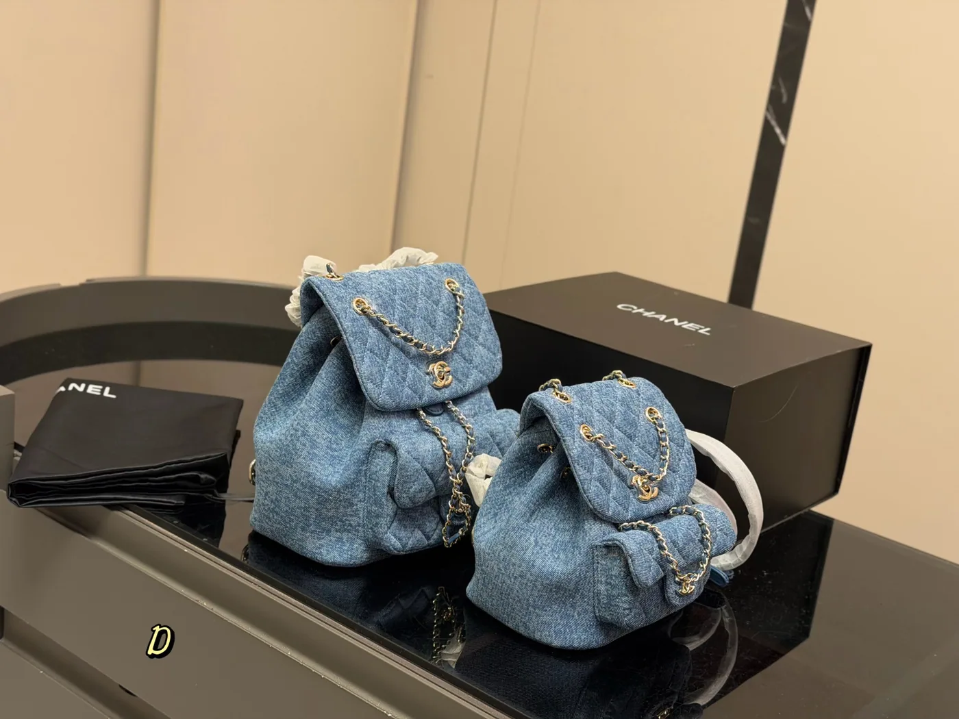Chanel Duma Denim Backpack, blue — size comparison