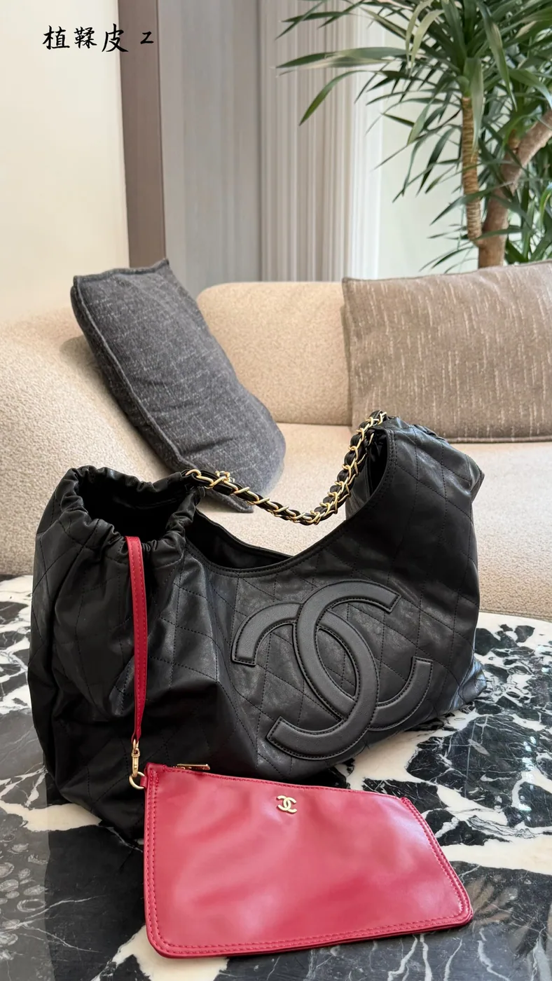 Chanel Oversized CC Chain Tote, black — black tote and red pouch
