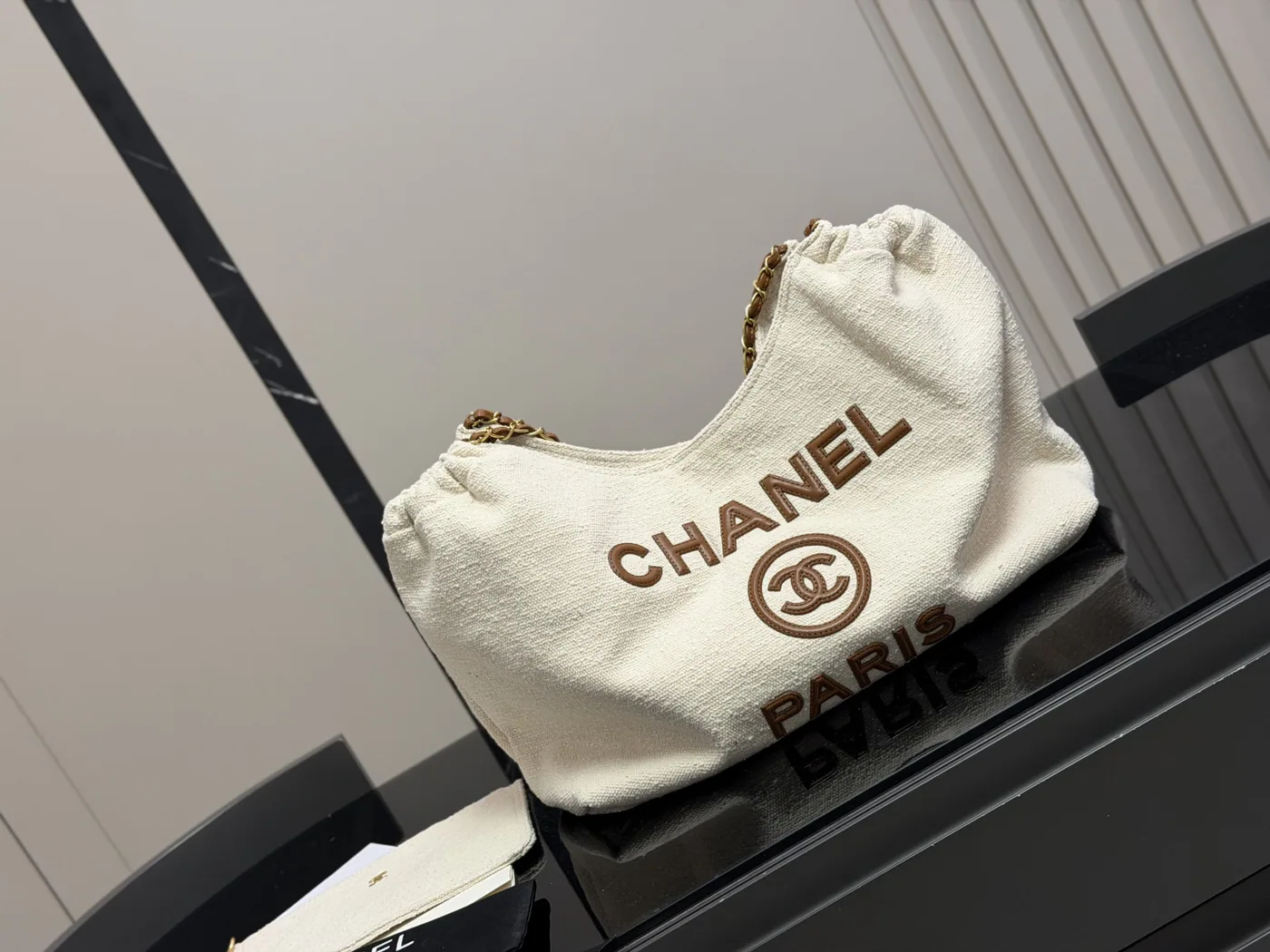 Chanel Paris Logo Shopping Tote, ivory — full tote