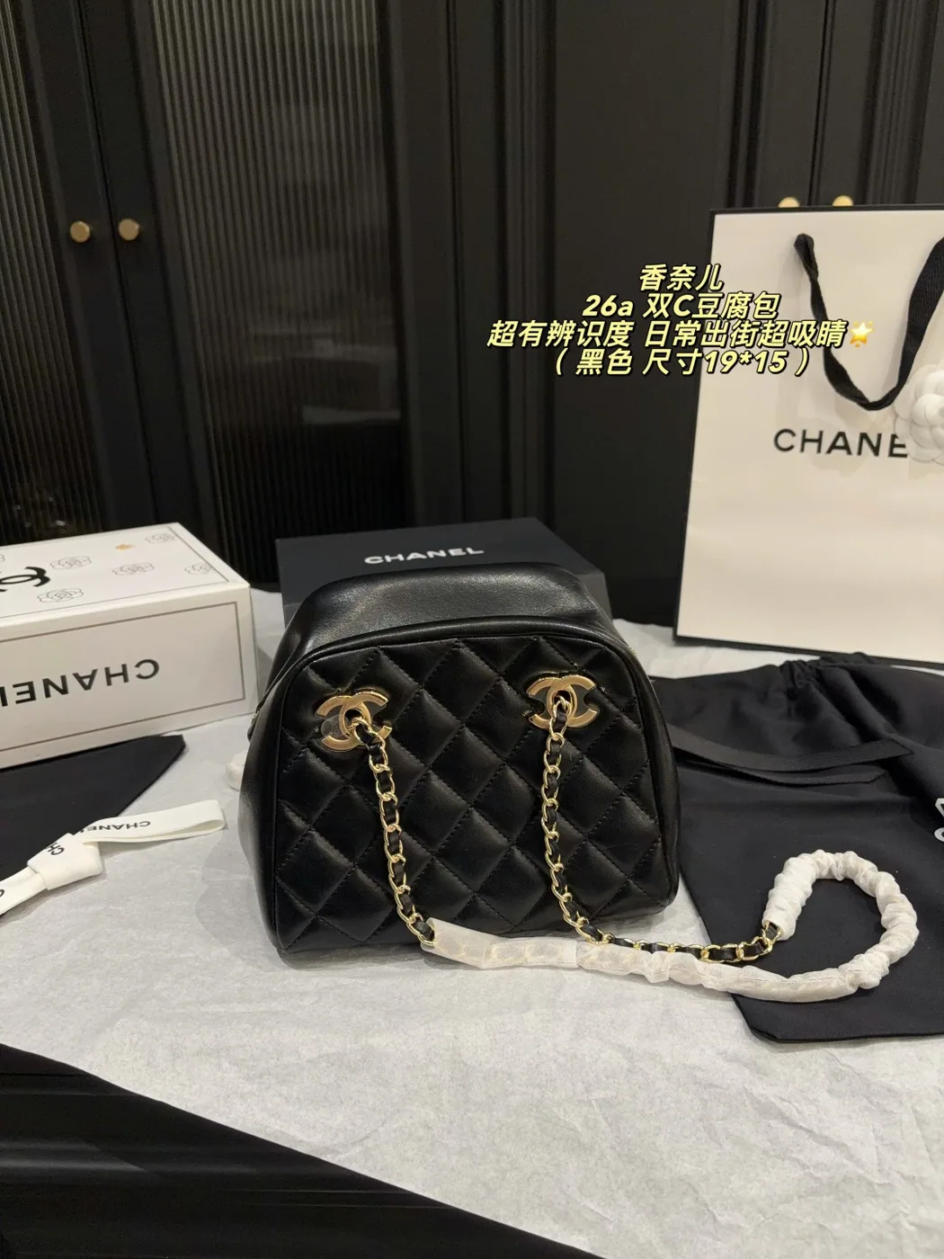 Chanel Quilted Box Chain Bag, black — full box bag