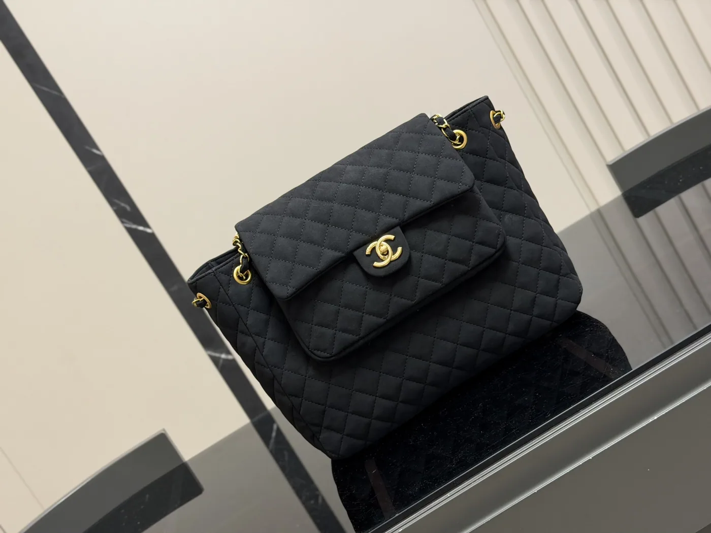 Chanel Quilted Chain Tote, black — full tote