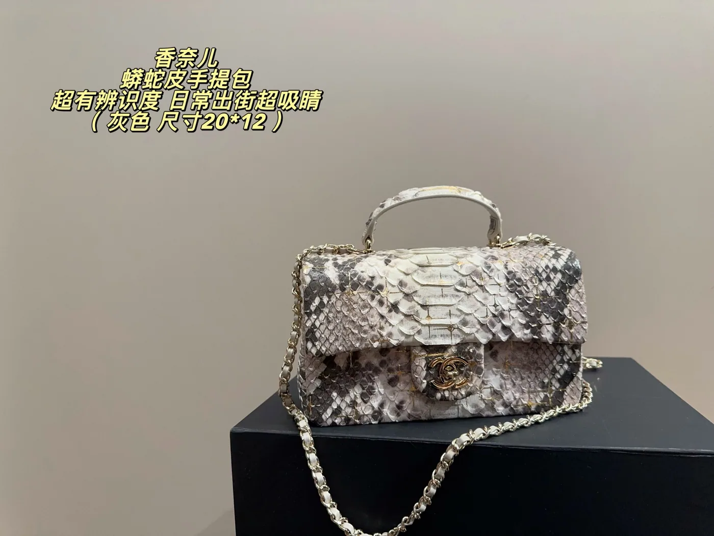 Chanel Scale-Textured Top-Handle Bag, natural grey — full bag and chain
