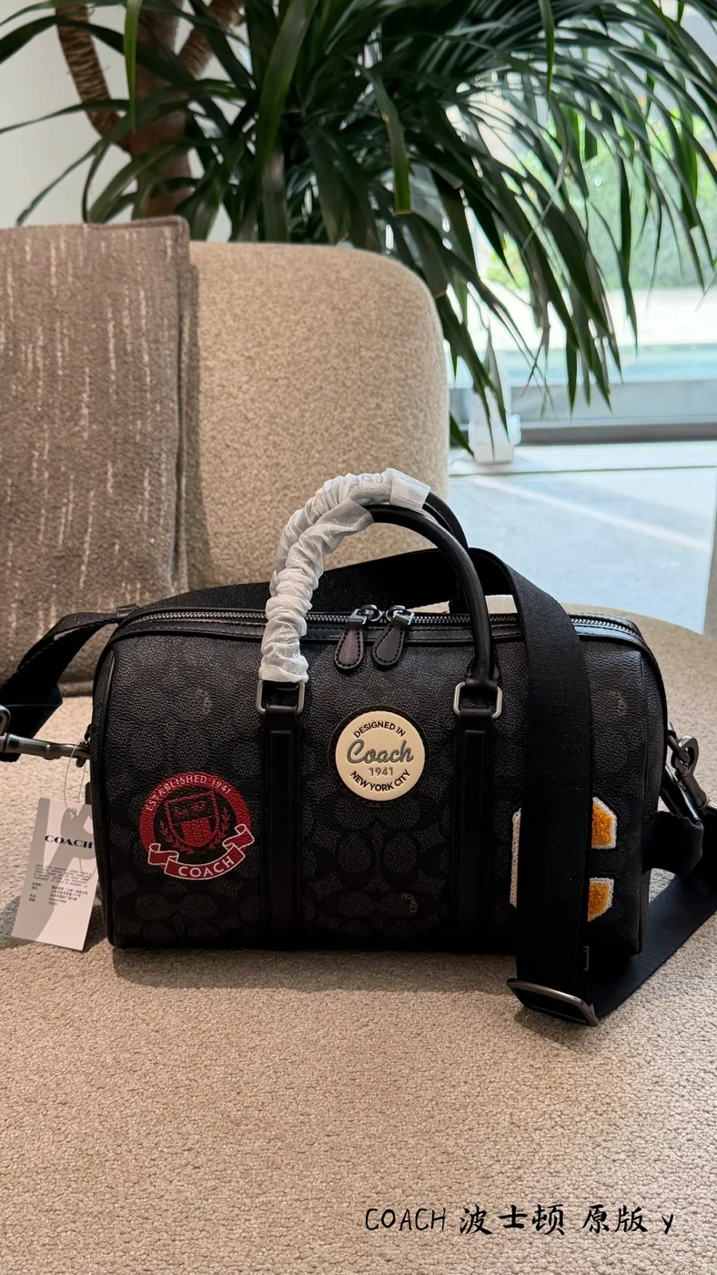 Coach Badge Monogram Satchel, black and grey — badge front panel