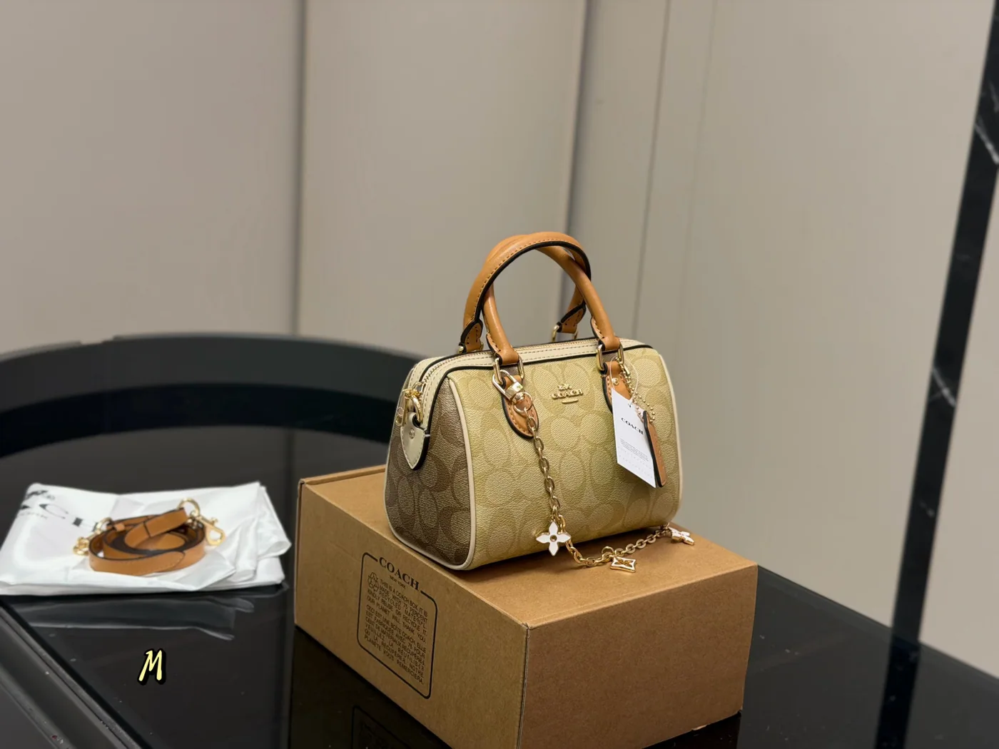 Coach Mini Boston Satchel, beige and tan — full satchel