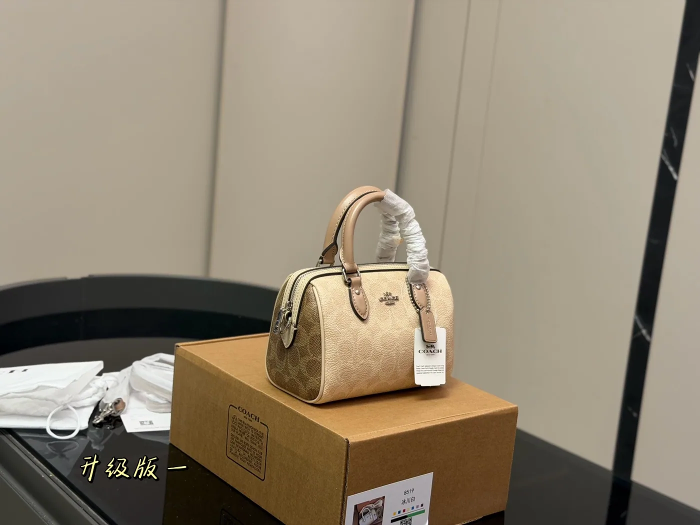 Coach Mini Boston Satchel, beige signature — full satchel