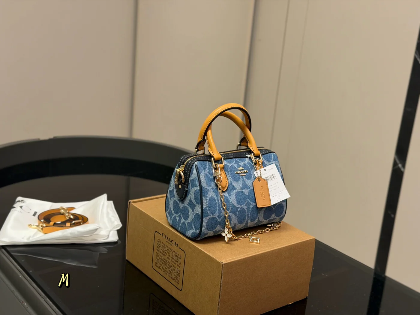 Coach Mini Boston Satchel, blue and tan — full satchel