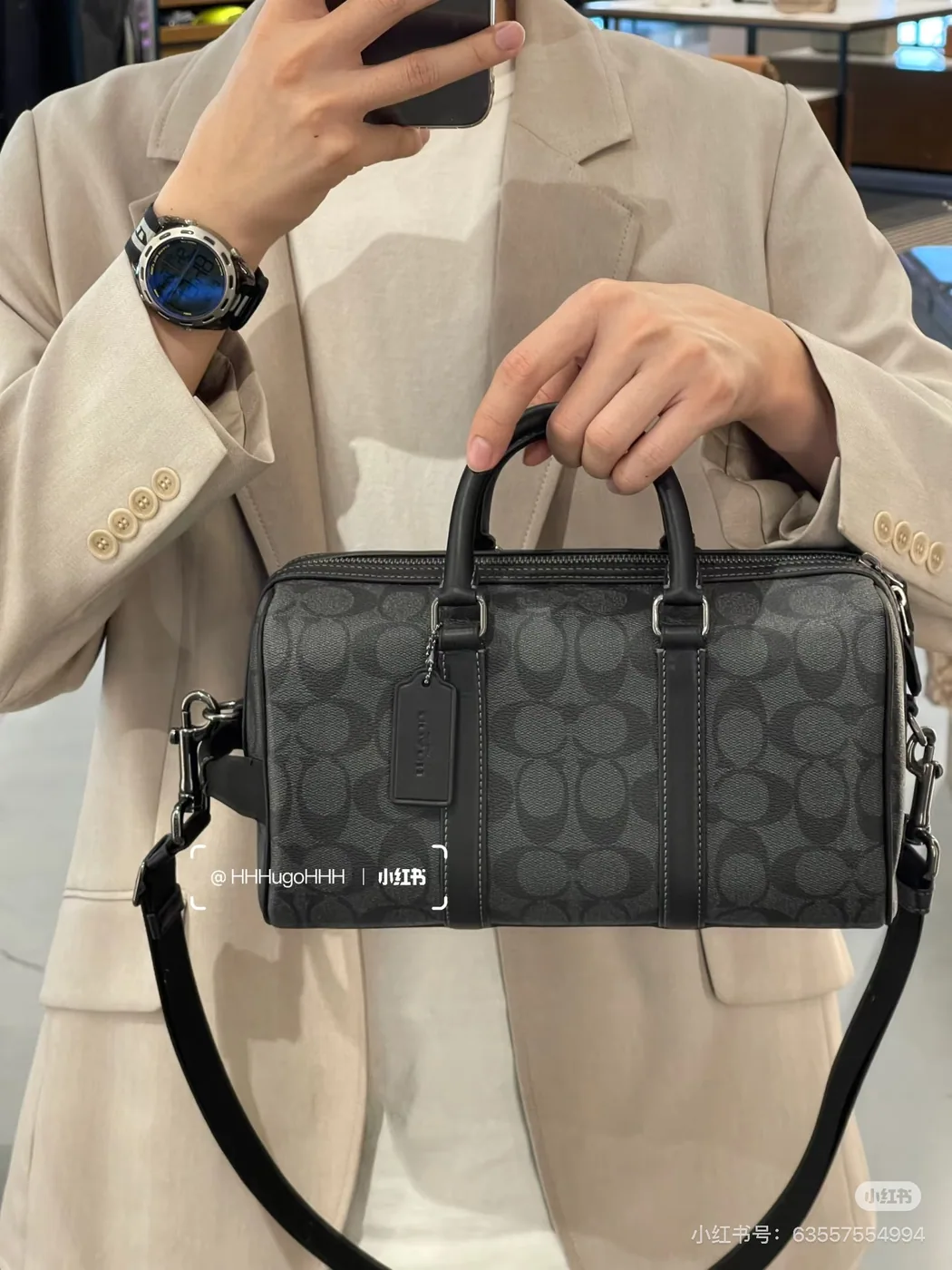 Coach Venturer 27 Satchel, black and grey — hand-carry view