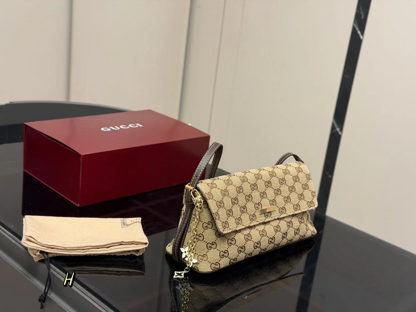 Gucci GG Flap Shoulder Bag, beige and brown — full flap bag