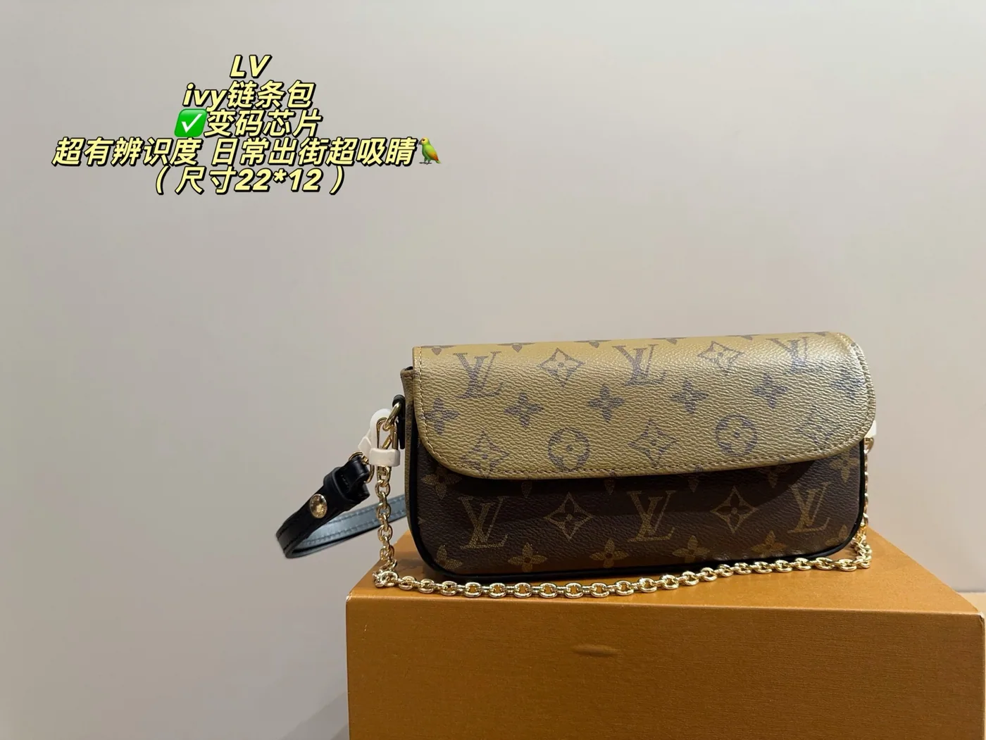 Louis Vuitton Ivy Reverse Monogram Chain Bag, brown and tan — front flap