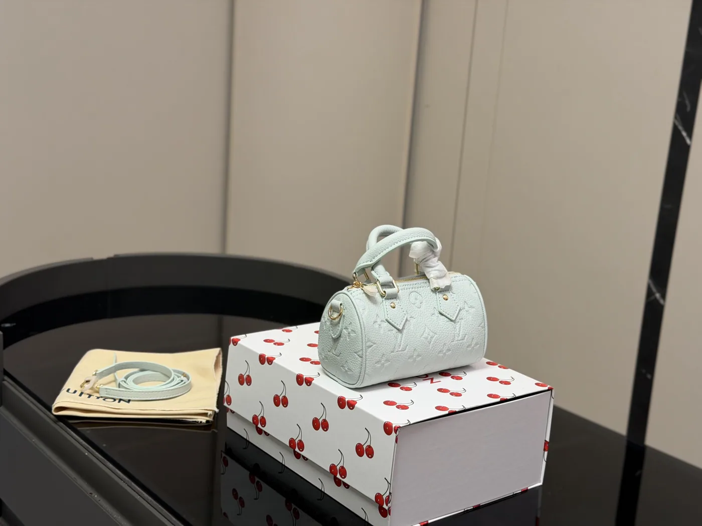 Louis Vuitton Nano Speedy Embossed Satchel, pale blue — full mini satchel