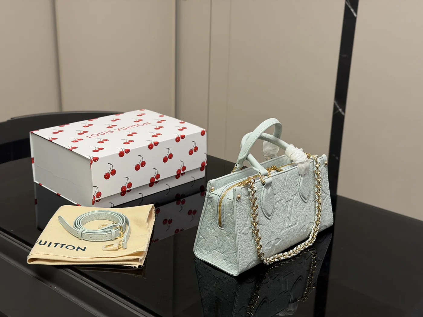 Louis Vuitton OnTheGo Embossed Mini Tote, pale blue — full mini tote