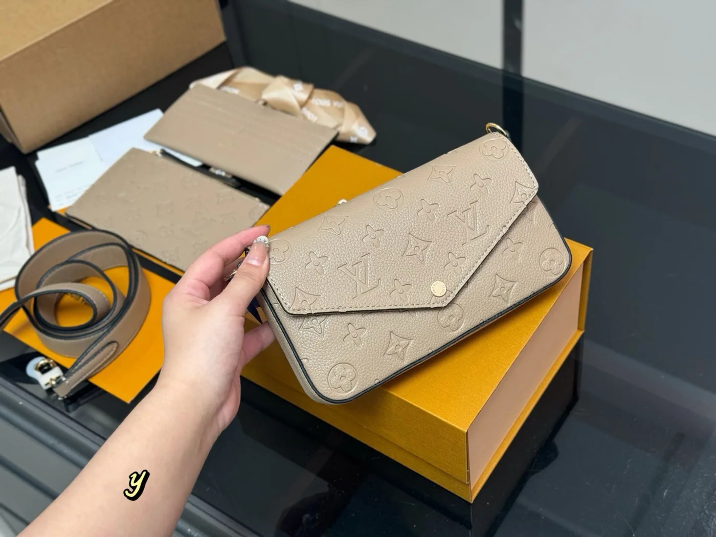 Louis Vuitton Three-Piece Wallet on Chain, beige embossed — flap bag and components