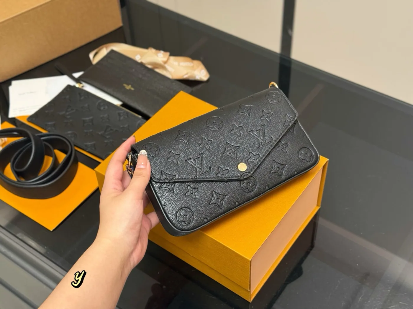 Louis Vuitton Three-Piece Wallet on Chain, black embossed — flap bag and components