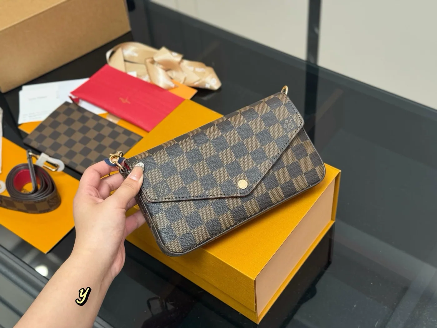 Louis Vuitton Three-Piece Wallet on Chain, brown checkerboard — flap bag and components
