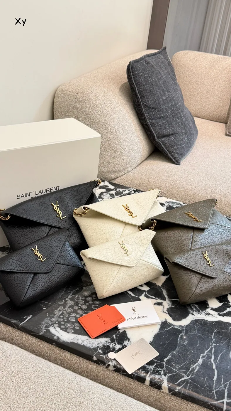 Saint Laurent Cassandra Envelope Bag, black, ivory and taupe options — colour and size options